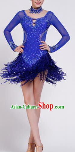 Professional Latin Dance Samba Royalblue Sequins Tassel Dress Modern Dance International Dance Competition Costume for Women