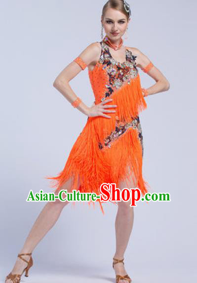 Professional Latin Dance Competition Orange Tassel Dress Modern Dance International Rumba Dance Costume for Women