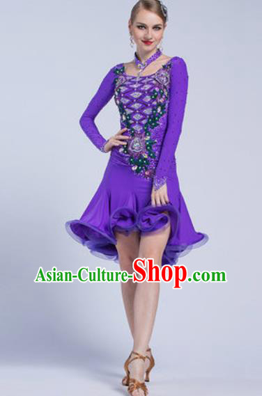 Professional Latin Dance Competition Purple Short Dress Modern Dance International Rumba Dance Costume for Women