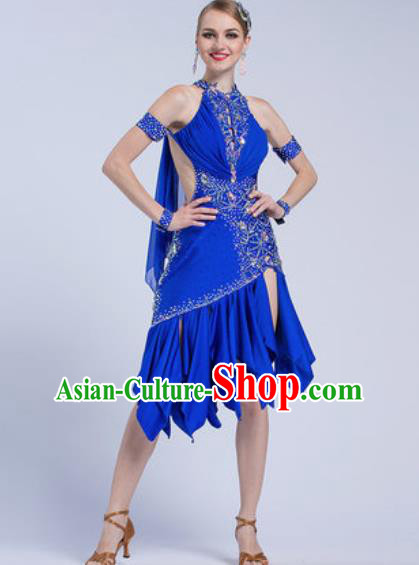 Professional Latin Dance Competition Royalblue Short Dress Modern Dance International Rumba Dance Costume for Women