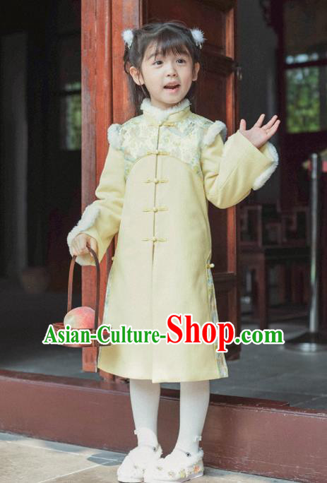 Chinese National Girls Yellow Dust Coat Costume Traditional New Year Tang Suit Outer Garment for Kids