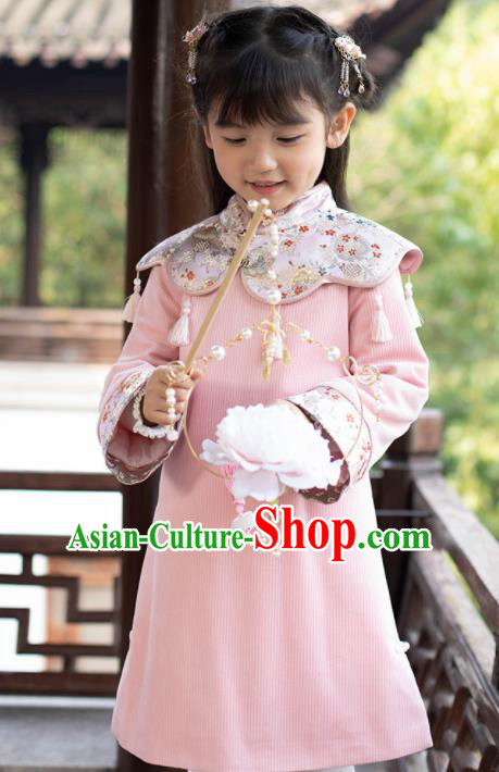 Chinese National Girls Pink Cheongsam Costume Traditional New Year Qipao Dress for Kids