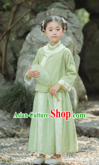 Chinese National Girls Green Cheongsam Costume Traditional New Year Qipao Dress for Kids