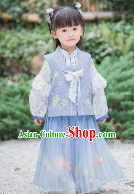 Chinese National Girls Blue Cheongsam Costume Traditional New Year Tang Suit Qipao Dress for Kids