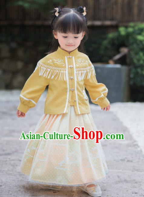 Chinese National Girls Yellow Cheongsam Costume Traditional New Year Tang Suit Qipao Dress for Kids