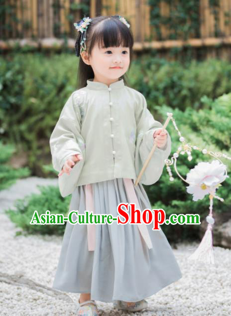 Chinese National Girls Light Green Cheongsam Blouse and Skirt Traditional New Year Tang Suit Costume for Kids