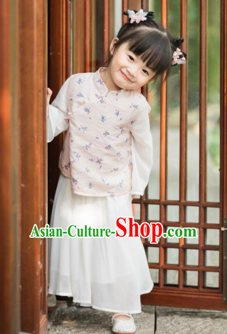 Chinese National Girls Pink Cheongsam Blouse and White Skirt Traditional New Year Tang Suit Costume for Kids