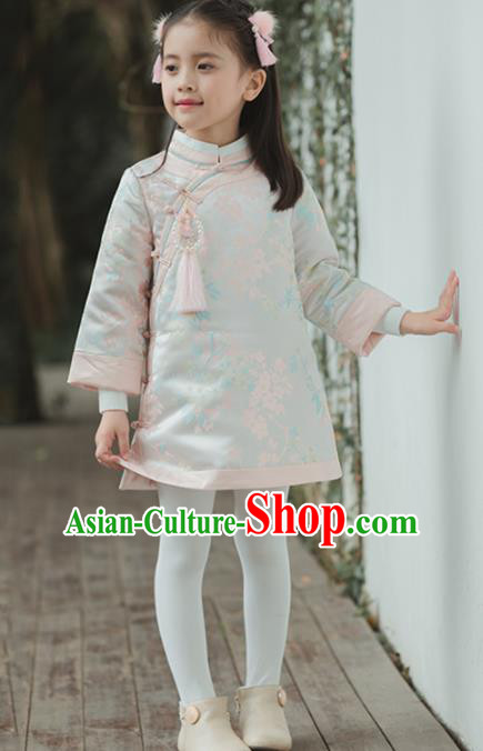 Chinese National Girls White Coat Costume Traditional New Year Tang Suit Outer Garment for Kids