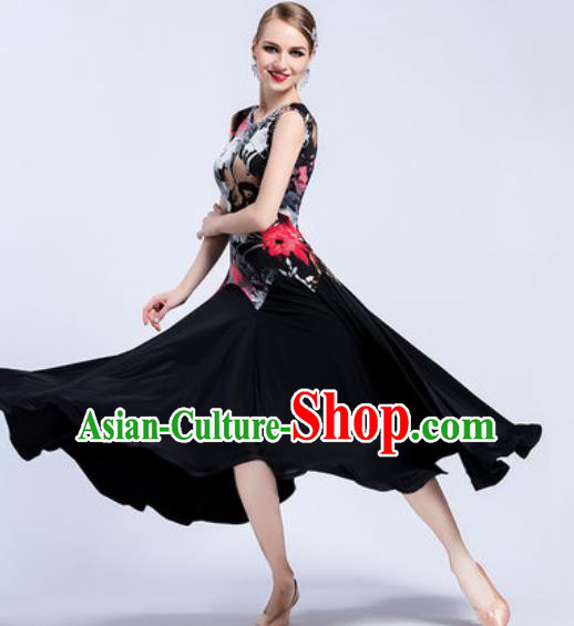 Top Grade Modern Dance Printing Black Dress Ballroom Dance International Waltz Competition Costume for Women