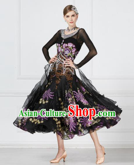 Top Grade Modern Dance Black Dress Ballroom Dance International Waltz Competition Costume for Women