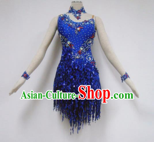 Professional Latin Dance Cha Cha Dance Royalblue Tassel Dress Modern Dance Competition Costume for Women