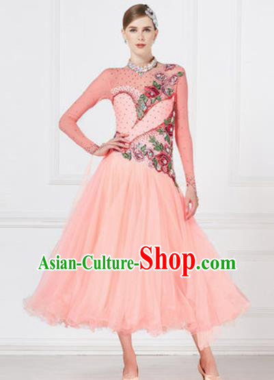 Top Grade Modern Dance Pink Veil Dress Ballroom Dance International Waltz Competition Costume for Women