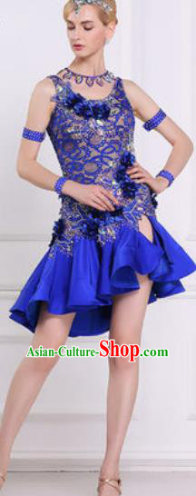 Professional Latin Dance Competition Royalblue Lace Dress Modern Dance International Rumba Dance Costume for Women