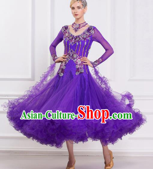 Top Grade Modern Dance Purple Veil Dress Ballroom Dance International Waltz Competition Costume for Women