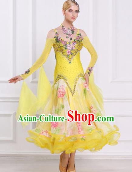 Top Grade Modern Dance Yellow Veil Dress Ballroom Dance International Waltz Competition Costume for Women