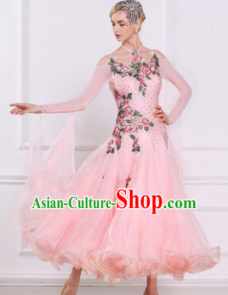 Top Grade Modern Dance Light Pink Veil Dress Ballroom Dance International Waltz Competition Costume for Women