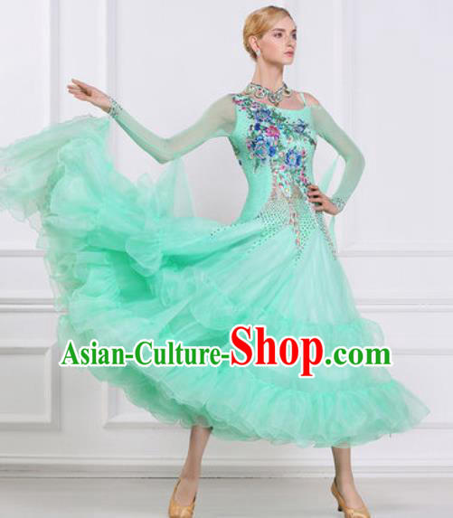 Top Grade Modern Dance Light Green Veil Dress Ballroom Dance International Waltz Competition Costume for Women