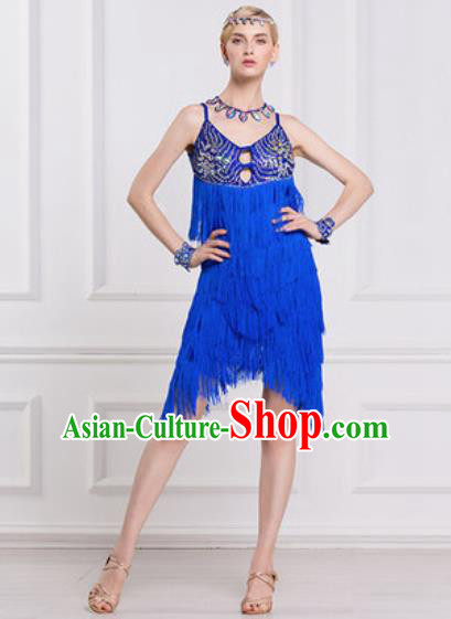 Professional Latin Dance Competition Royalblue Tassel Dress Modern Dance International Rumba Dance Costume for Women