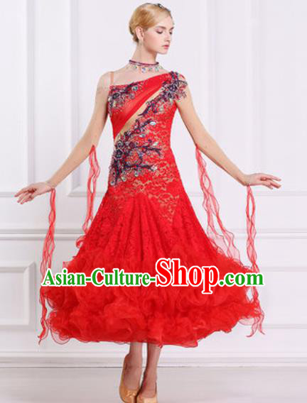 Top Grade Modern Dance Red Lace Dress Ballroom Dance International Waltz Competition Costume for Women