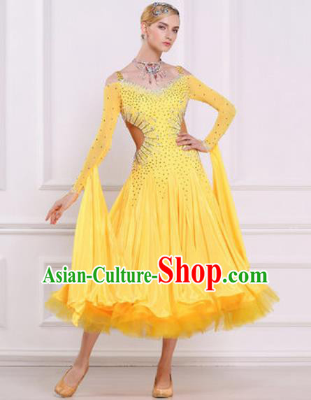 Top Grade Modern Dance Diamante Yellow Dress Ballroom Dance International Waltz Competition Costume for Women