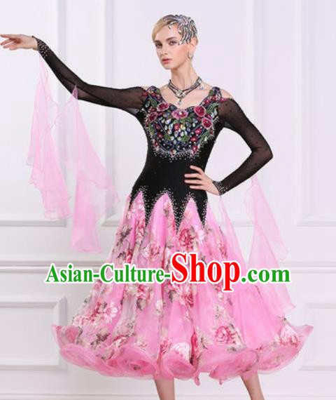 Top Grade Modern Dance Diamante Pink Dress Ballroom Dance International Waltz Competition Costume for Women