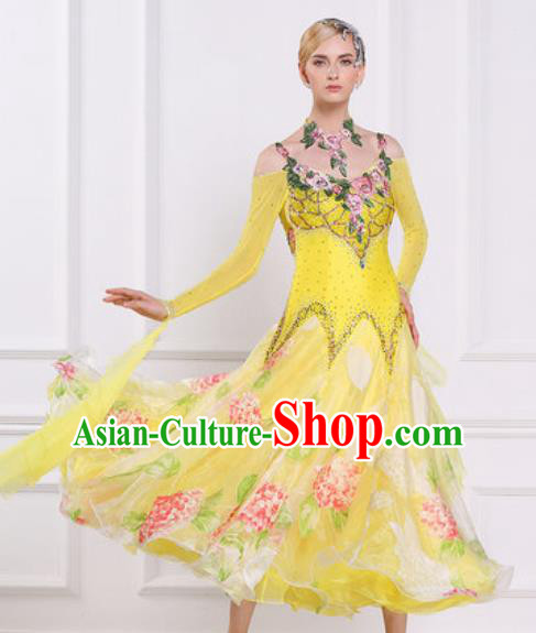 Top Waltz Competition Modern Dance Diamante Yellow Dress Ballroom Dance International Dance Costume for Women