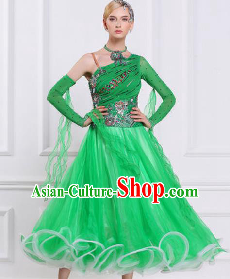 Top Waltz Competition Modern Dance Diamante Green Dress Ballroom Dance International Dance Costume for Women