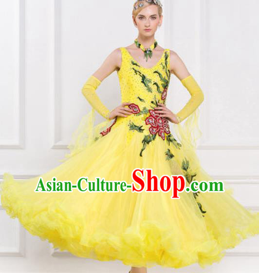 Top Waltz Competition Modern Dance Diamante Yellow Dress Ballroom Dance International Dance Costume for Women