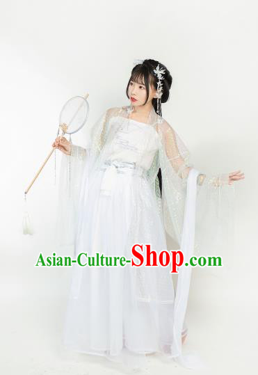 Ancient Chinese Tang Dynasty White Hanfu Dress Nobility Lady Embroidered Historical Costumes for Women