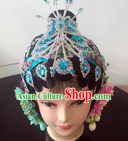 Chinese Beijing Opera Princess Blue Headgear Traditional Peking Opera Diva Wig and Hair Accessories for Women