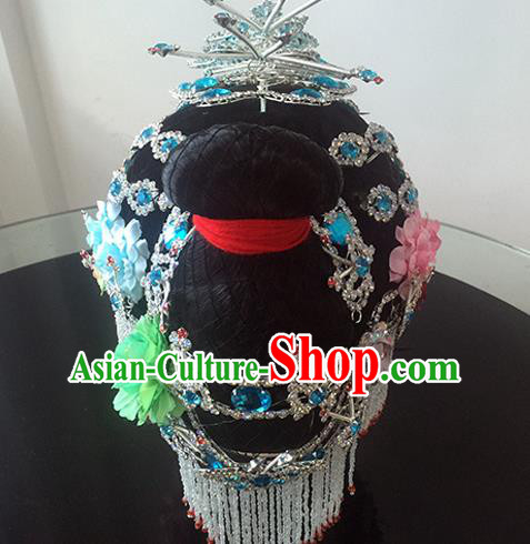 Chinese Beijing Opera Princess Blue Headgear Traditional Peking Opera Diva Wig and Hair Accessories for Women