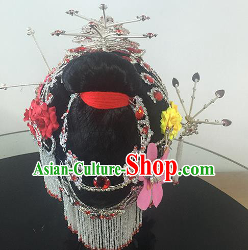 Chinese Beijing Opera Princess Rosy Headgear Traditional Peking Opera Diva Wig and Hair Accessories for Women
