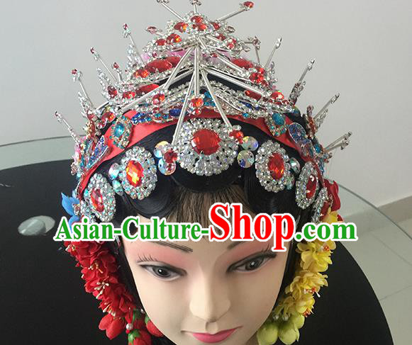 Chinese Beijing Opera Princess Red Headgear Traditional Peking Opera Diva Wig and Hair Accessories for Women