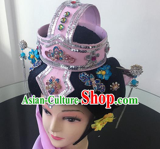 Chinese Beijing Opera Taoist Nun Pink Headgear Traditional Peking Opera Diva Wig Sheath and Hair Accessories for Women