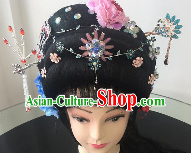 Chinese Beijing Opera Nobility Lady Headgear Traditional Peking Opera Princess Wig Sheath and Hair Accessories for Women