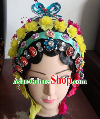 Chinese Beijing Opera Girls Yellow Flowers Headgear Traditional Peking Opera Wig Sheath and Hair Accessories for Women