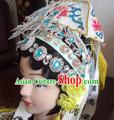 Chinese Beijing Opera Taoist Nun White Hat Headgear Traditional Peking Opera Wig Sheath and Hair Accessories for Women