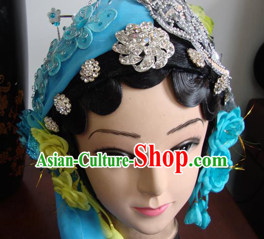 Chinese Beijing Opera Civilian Blue Headgear Traditional Peking Opera Wig Sheath and Hair Accessories for Women