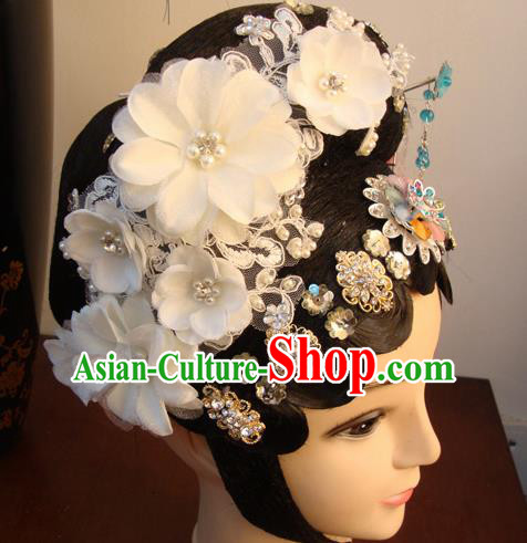 Chinese Beijing Opera Diva White Flowers Headgear Traditional Peking Opera Wig Sheath and Hair Accessories for Women