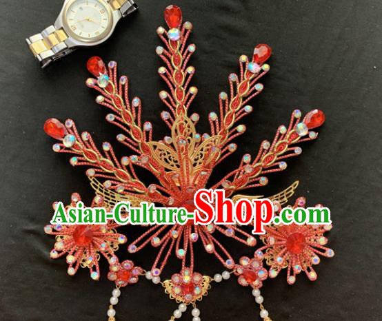 Chinese Beijing Opera Red Phoenix Hairpins Headgear Traditional Peking Opera Queen Hair Accessories for Women