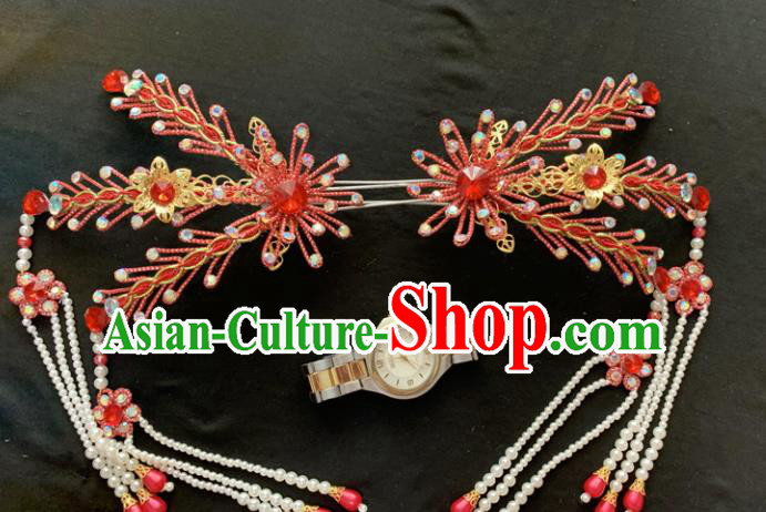 Chinese Beijing Opera Red Phoenix Hairpins Headgear Traditional Peking Opera Queen Hair Accessories for Women