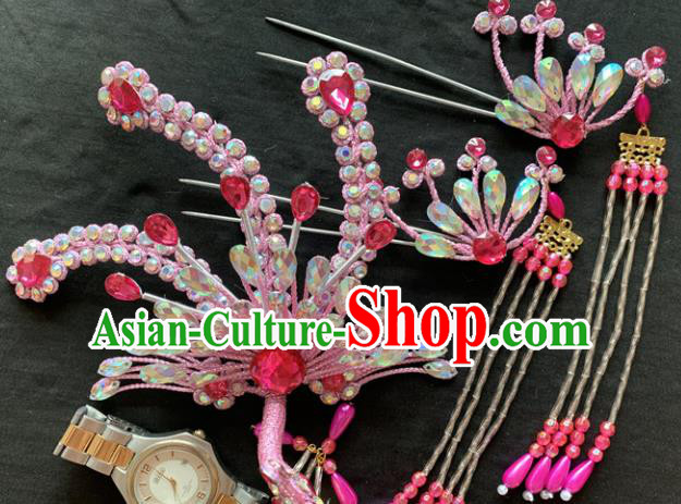 Chinese Beijing Opera Diva Pink Phoenix Tassel Hairpins Headgear Traditional Peking Opera Queen Hair Accessories for Women