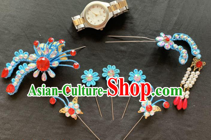 Chinese Beijing Opera Diva Blue Flowers Hairpins Headgear Traditional Peking Opera Queen Hair Accessories for Women