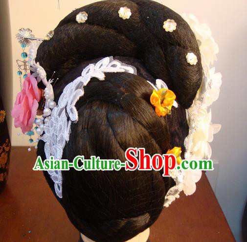 Chinese Beijing Opera Diva White Flowers Headgear Traditional Peking Opera Wig Sheath and Hair Accessories for Women