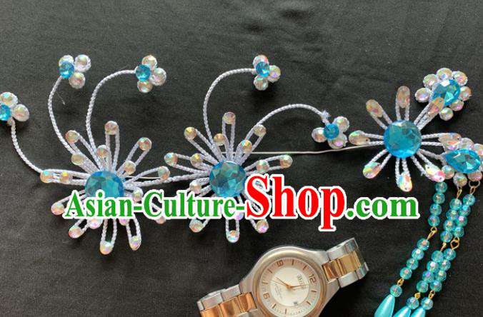 Chinese Beijing Opera Diva Blue Tassel Hairpins Headgear Traditional Peking Opera Queen Hair Accessories for Women