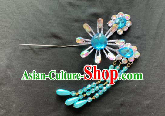 Chinese Beijing Opera Diva Blue Tassel Hairpins Headgear Traditional Peking Opera Queen Hair Accessories for Women