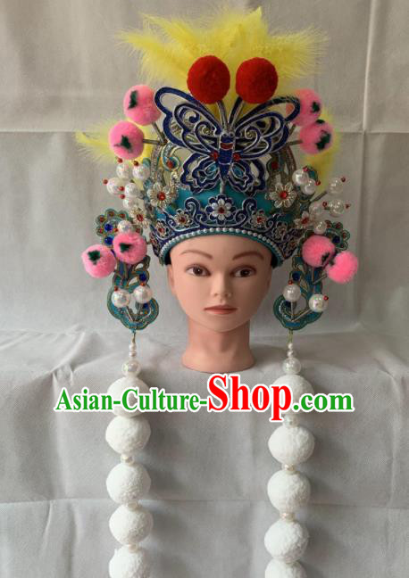 Chinese Beijing Opera Female Swordsman Blue Hat Traditional Peking Opera Hair Accessories for Women