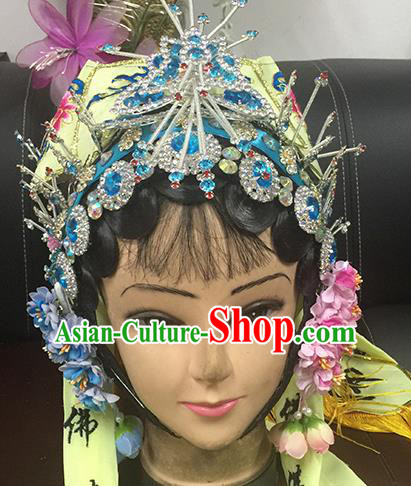 Chinese Beijing Opera Taoist Nun Yellow Hat Headgear Traditional Peking Opera Wig Sheath and Hair Accessories for Women