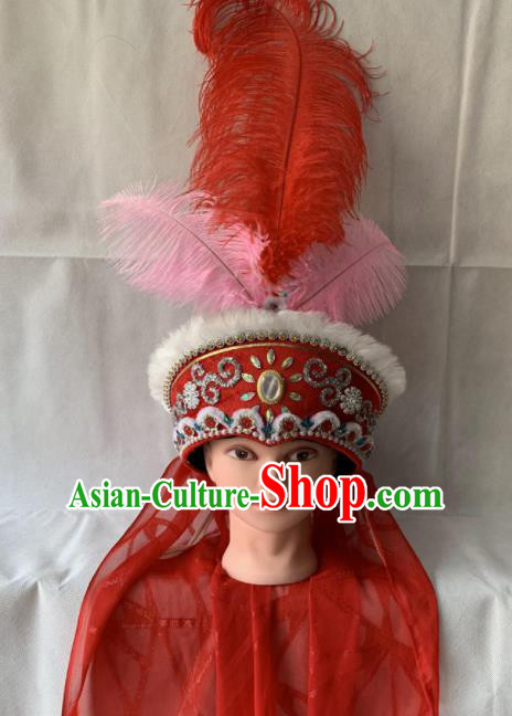 Chinese Beijing Opera Princess Red Hat Traditional Peking Opera Feather Hair Accessories for Women