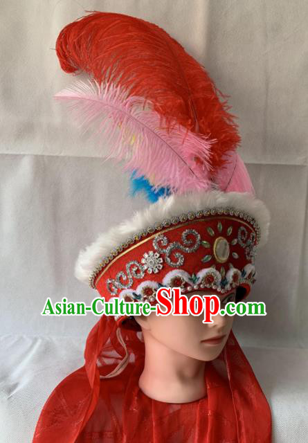Chinese Beijing Opera Princess Red Hat Traditional Peking Opera Feather Hair Accessories for Women